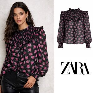NEW Zara Floral Black and Pink Women's Top